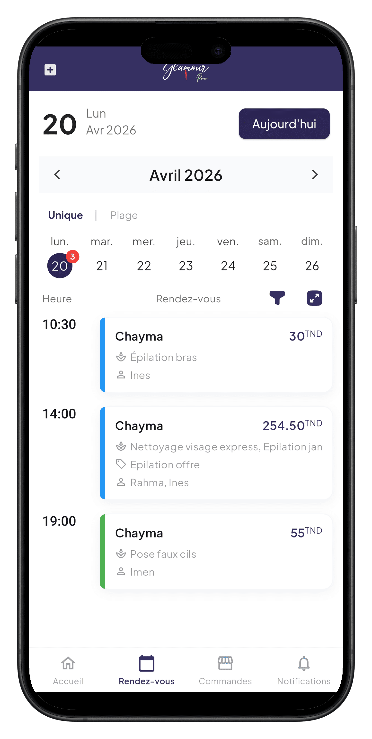 Glamour app — agenda view