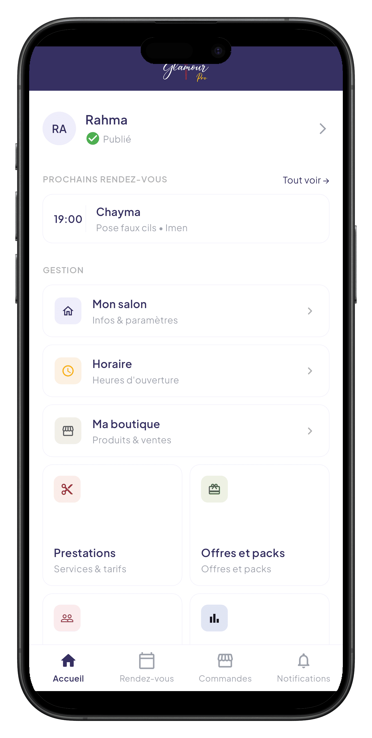 Glamour app — home screen